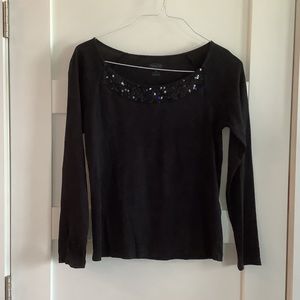 Talbots black long sleeve sequin neckline top